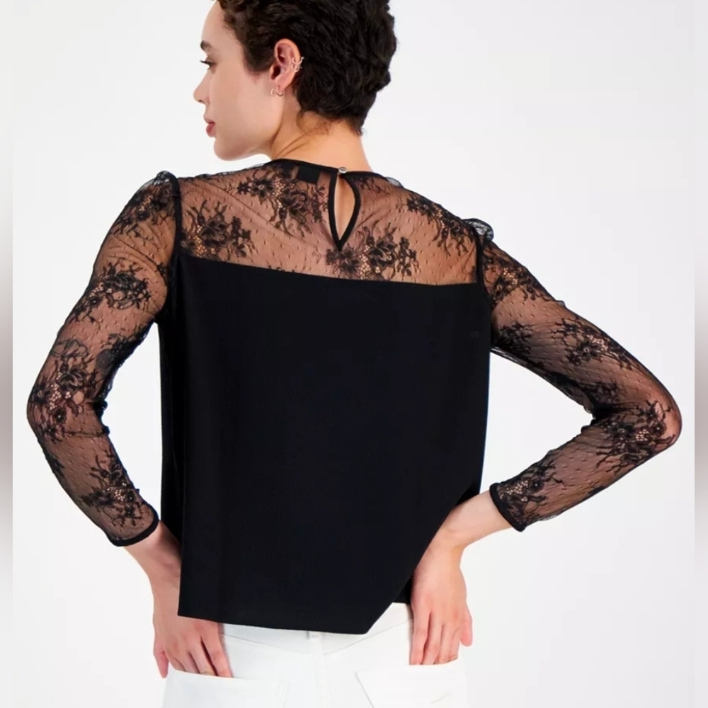 HUGO BOSS Orange Bettina Lace-Trim Crewneck Top Luxury Black Blouse Size M